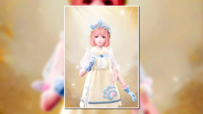 A portrait of the Bye Bye Dust Outfit in Infinity Nikki in the centre of the screen against a blurred background.