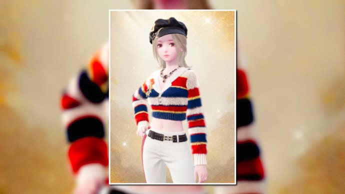A portrait of the Carnival Ode Outfit in Infinity Nikki in the centre of the screen against a blurred background.