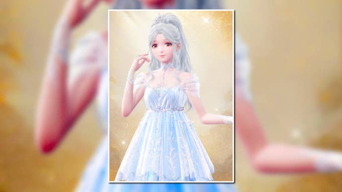 A portrait of the Crystal Poems Outfit in Infinity Nikki in the centre of the screen against a blurred background.