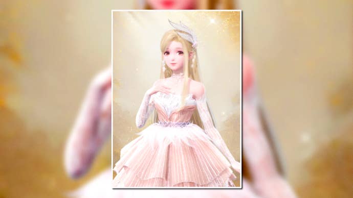 A portrait of the Fairytale Swan Outfit in Infinity Nikki in the centre of the screen against a blurred background.