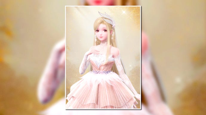 A portrait of the Fairytale Swan Outfit in Infinity Nikki in the centre of the screen against a blurred background.