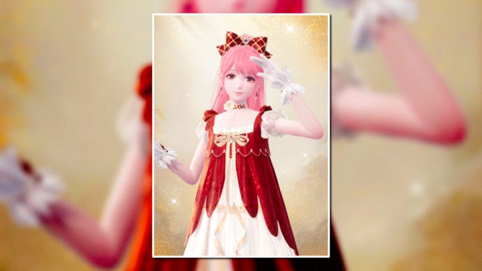 A portrait of the Far And Away Outfit in Infinity Nikki in the centre of the screen against a blurred background.