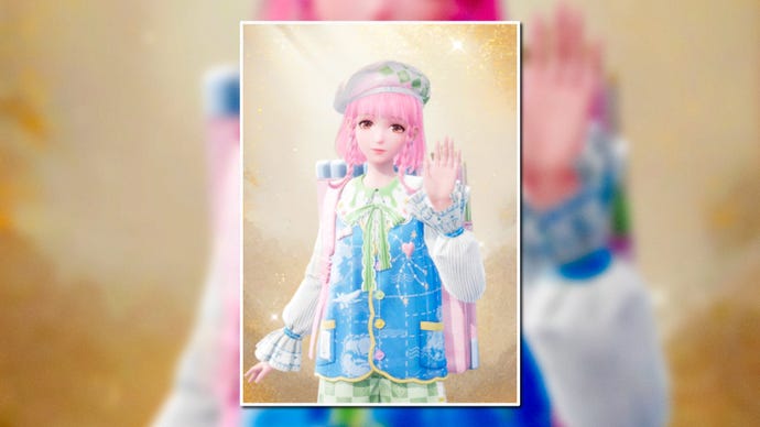 A portrait of the Flowing Colors Outfit in Infinity Nikki in the centre of the screen against a blurred background.