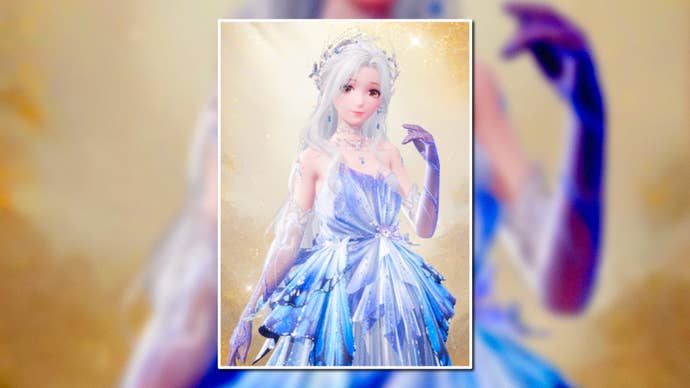 A portrait of the Flutter Storm Outfit in Infinity Nikki in the centre of the screen against a blurred background.