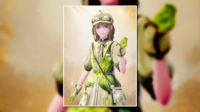 A portrait of the Forest’s Fluttering Outfit in Infinity Nikki in the centre of the screen against a blurred background.