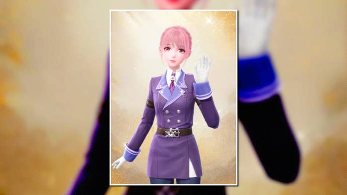A portrait of the Guard’s Resolve Outfit in Infinity Nikki in the centre of the screen against a blurred background.
