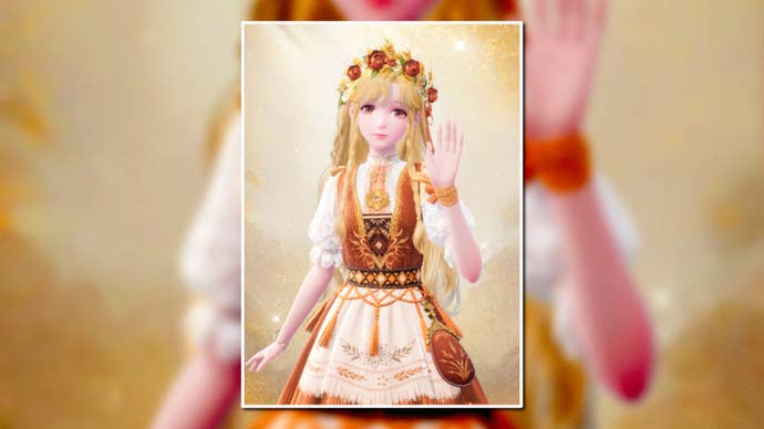 A portrait of the Hometown Breeze Outfit in Infinity Nikki in the centre of the screen against a blurred background.