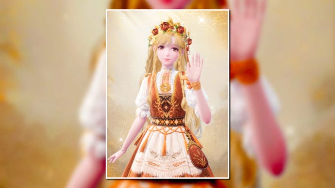 A portrait of the Hometown Breeze Outfit in Infinity Nikki in the centre of the screen against a blurred background.