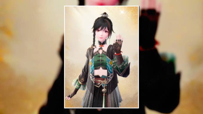 A portrait of the Scaly Dream Outfit in Infinity Nikki in the centre of the screen against a blurred background.