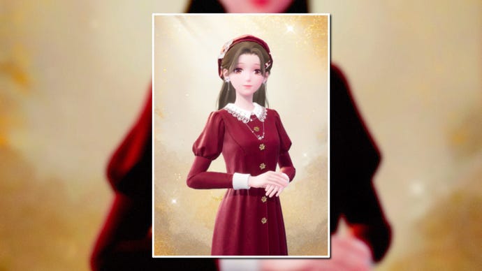 A portrait of the Scarlet Dream Outfit in Infinity Nikki in the centre of the screen against a blurred background.