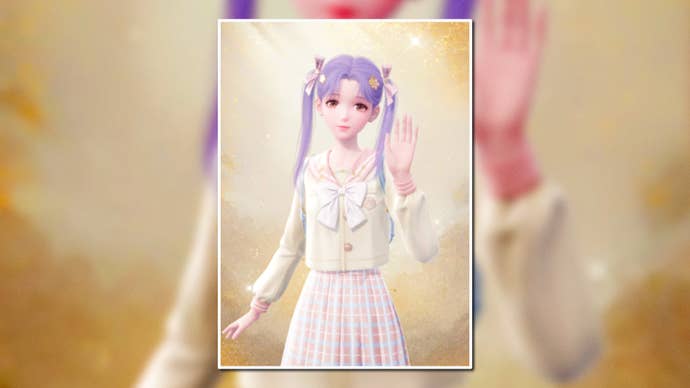 A portrait of the School Days Outfit in Infinity Nikki in the centre of the screen against a blurred background.