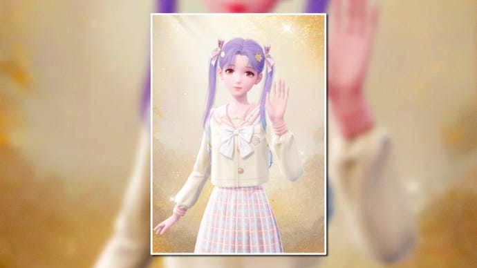 A portrait of the School Days Outfit in Infinity Nikki in the centre of the screen against a blurred background.