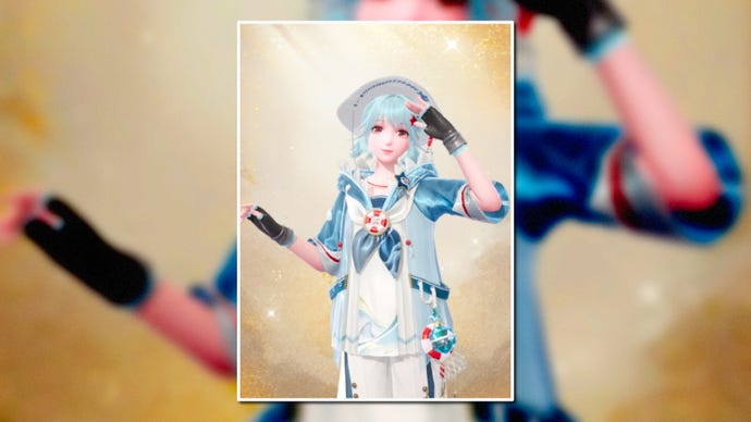 A portrait of the Shark Mirage Outfit in Infinity Nikki in the centre of the screen against a blurred background.