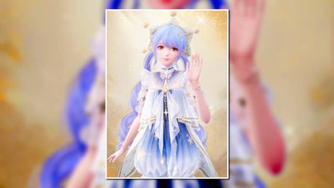 A portrait of the Starlet Burst Outfit in Infinity Nikki in the centre of the screen against a blurred background.