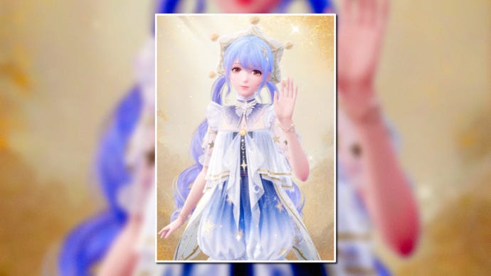 A portrait of the Starlet Burst Outfit in Infinity Nikki in the centre of the screen against a blurred background.