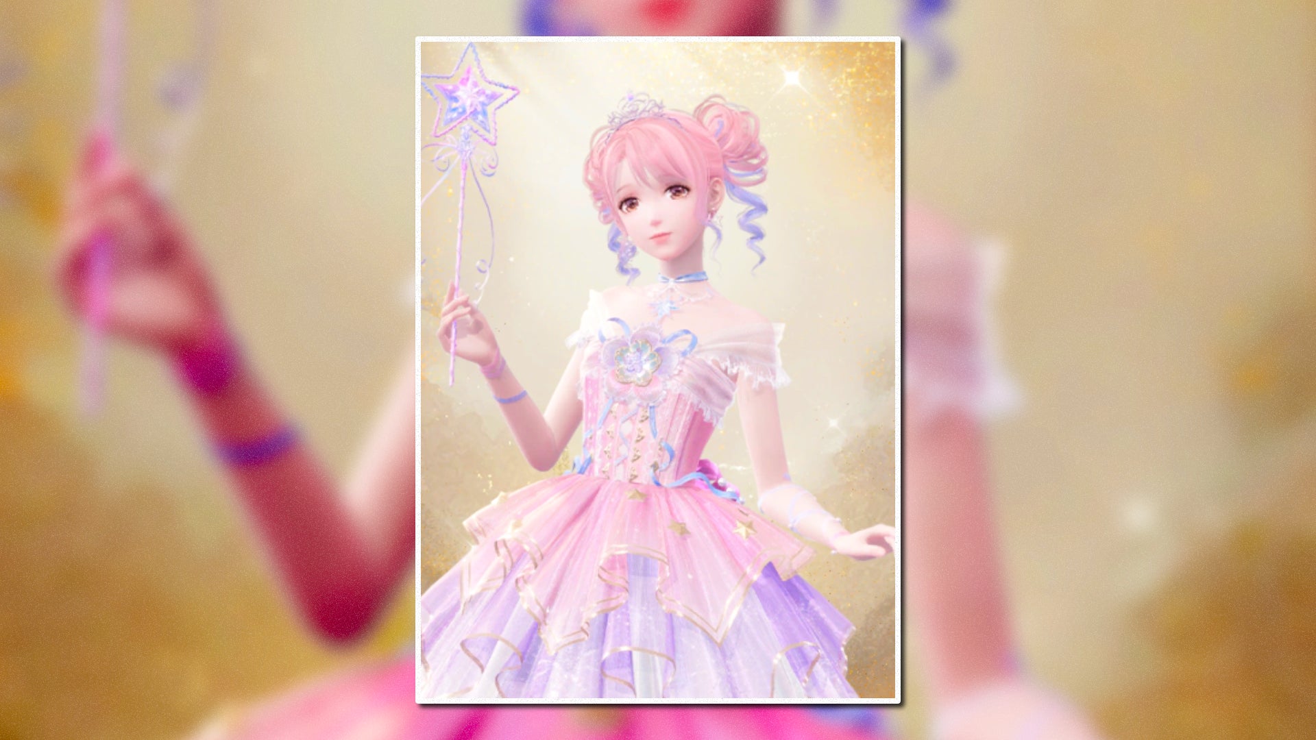 A portrait of the Starlit Celebration Outfit in Infinity Nikki in the centre of the screen against a blurred background. - 25