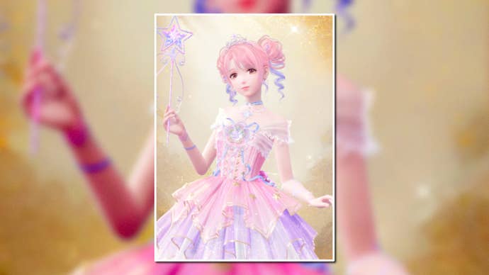 A portrait of the Starlit Celebration Outfit in Infinity Nikki in the centre of the screen against a blurred background.