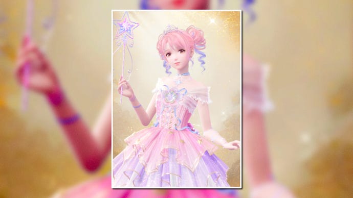 A portrait of the Starlit Celebration Outfit in Infinity Nikki in the centre of the screen against a blurred background.