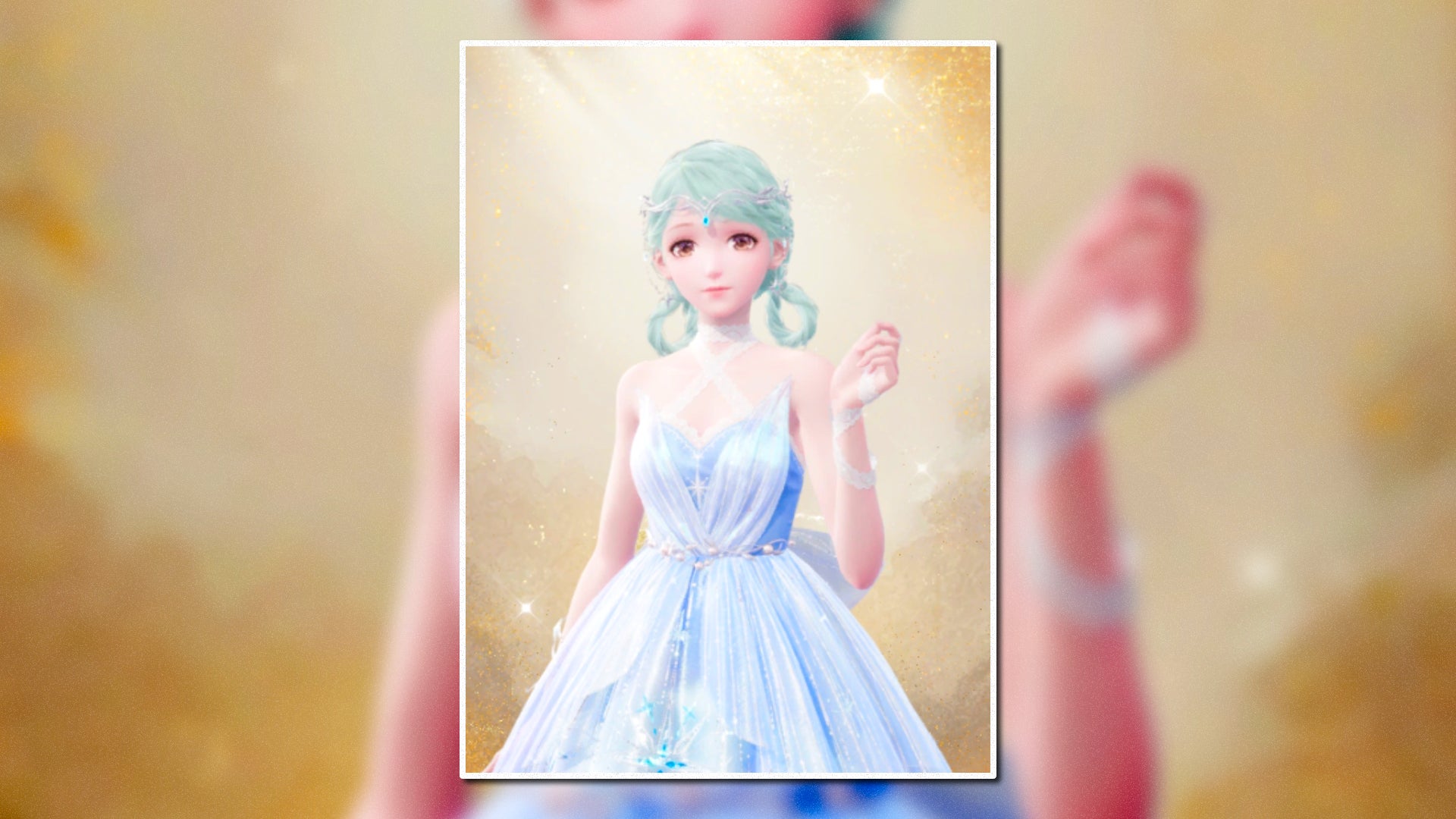 A portrait of the Starwish Echoes Outfit in Infinity Nikki in the centre of the screen against a blurred background. - 12