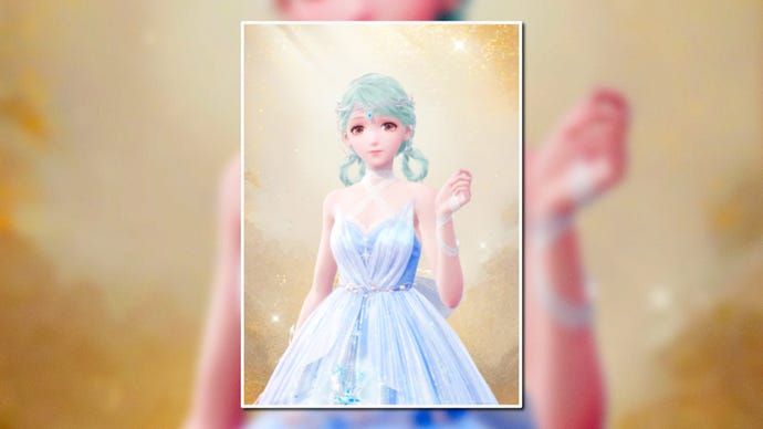 A portrait of the Starwish Echoes Outfit in Infinity Nikki in the centre of the screen against a blurred background.
