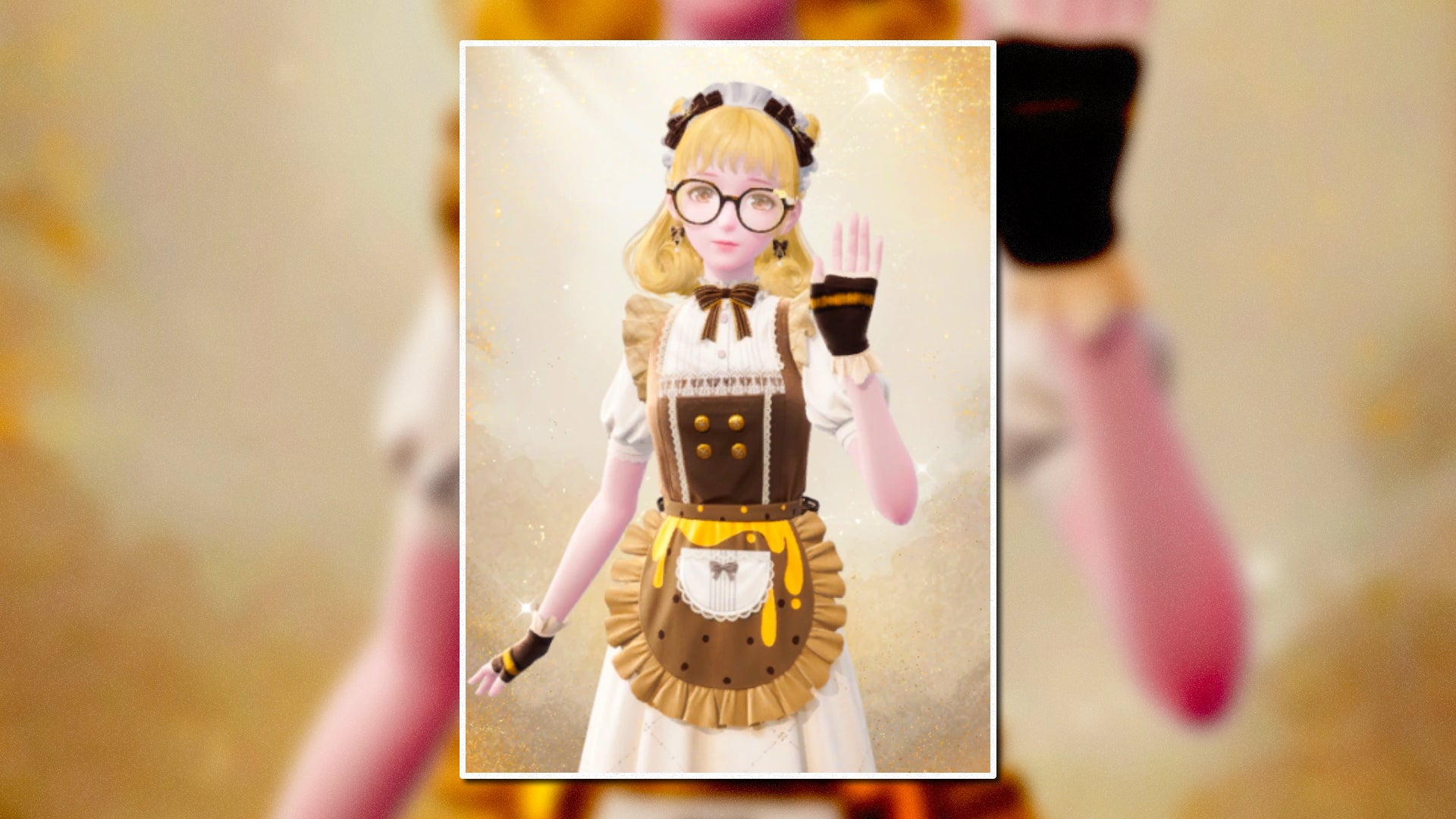 A portrait of the Sweet Honey Outfit in Infinity Nikki in the centre of the screen against a blurred background. - 35