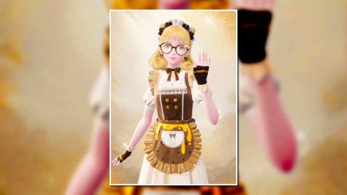 A portrait of the Sweet Honey Outfit in Infinity Nikki in the centre of the screen against a blurred background.