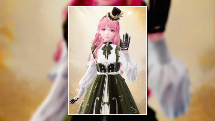 A portrait of the Symphony Of Strings Outfit in Infinity Nikki in the centre of the screen against a blurred background.