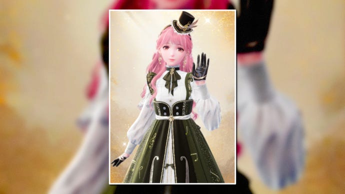 A portrait of the Symphony Of Strings Outfit in Infinity Nikki in the centre of the screen against a blurred background.