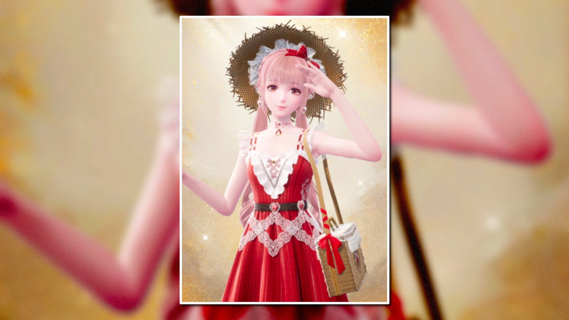 A portrait of the Whimsical Picnic Outfit in Infinity Nikki in the centre of the screen against a blurred background. - 48