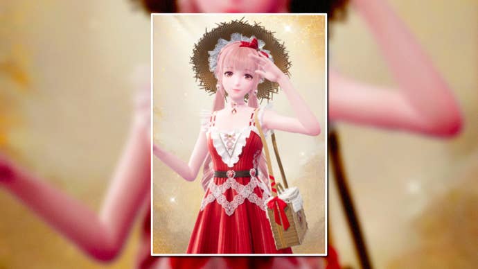 A portrait of the Whimsical Picnic Outfit in Infinity Nikki in the centre of the screen against a blurred background.