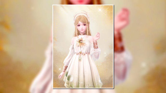 A portrait of the Wind Of Purity Outfit in Infinity Nikki in the centre of the screen against a blurred background.