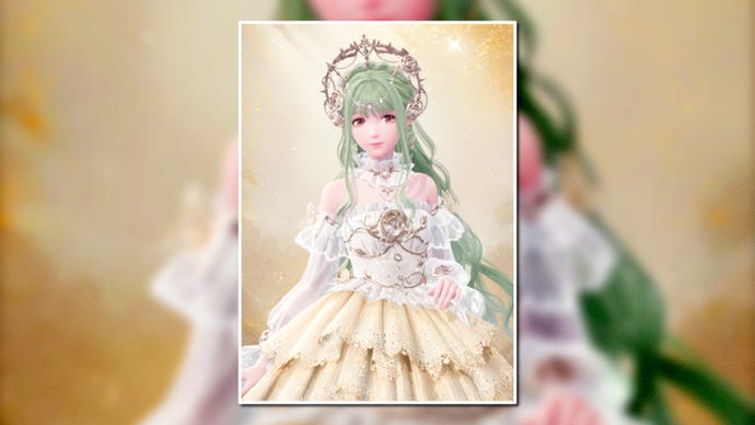 A portrait of the Wishful Aurosa Outfit in Infinity Nikki in the centre of the screen against a blurred background.