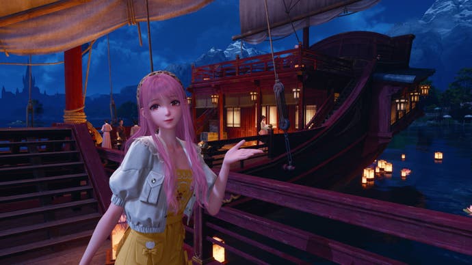 Infinity Nikki posing by the White Jade ship in Floral