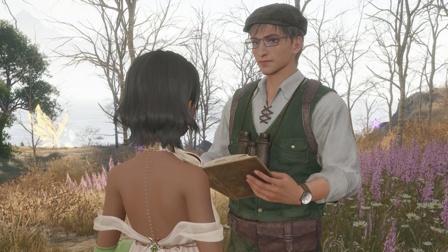 Nikki in Infinity Nikki speaks to Professor Aventura in a colourful field.