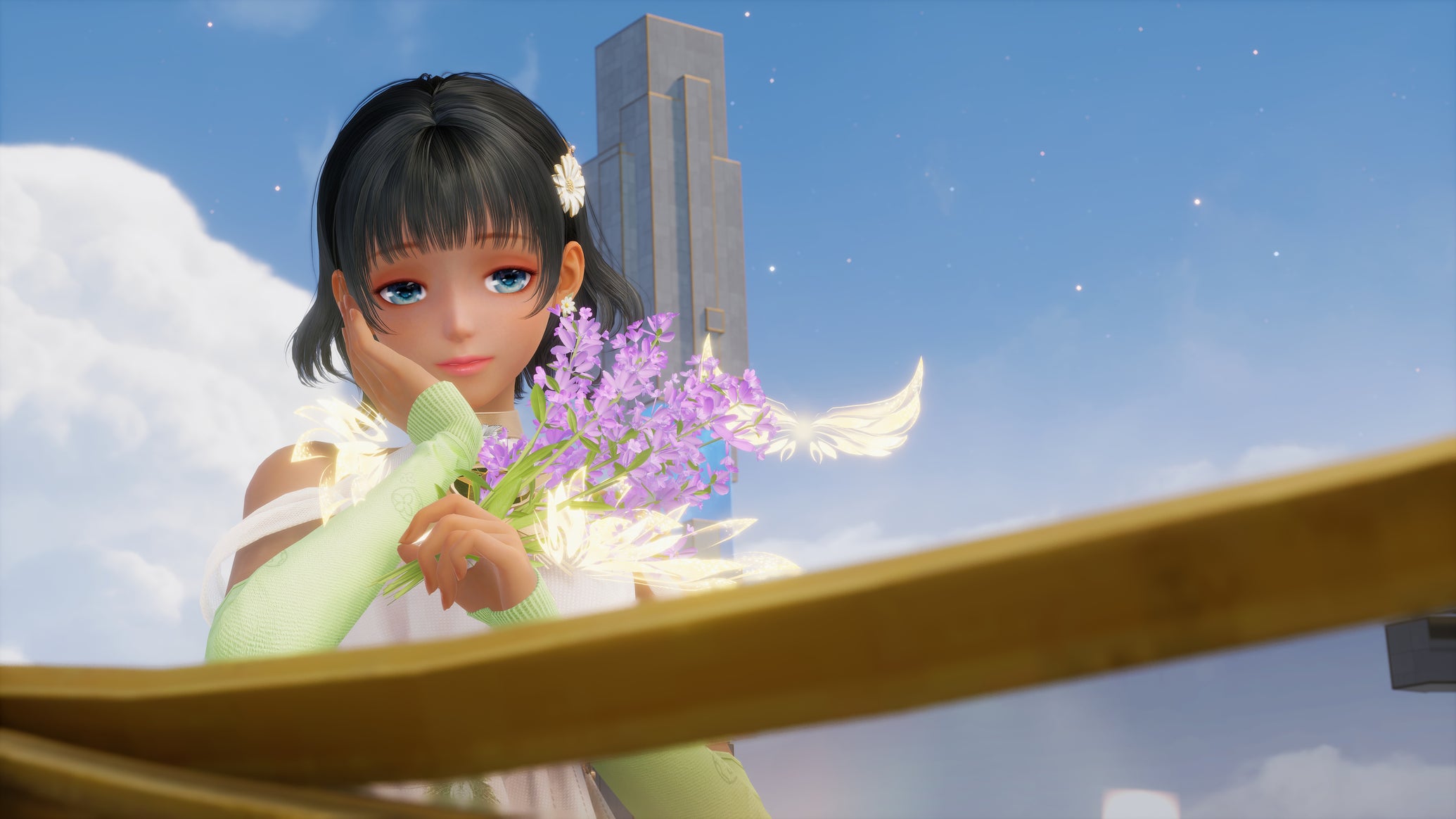 A close-up of Nikki in Infinity Nikki holding her hand against her face as she looks into the Altar Of Escalation. - 1