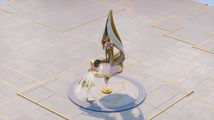 Nikki in Infinity Nikki stands in front of the Altar Of Escalation in the Realm Of Escalation.