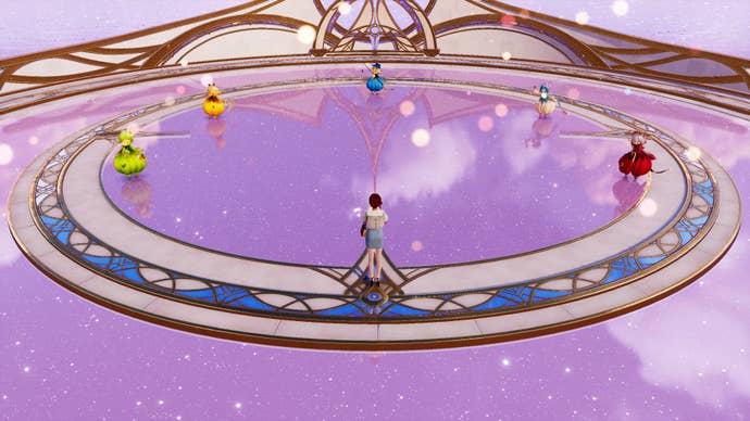 An establishing shot of the Realm Of Nourishment in Infinity Nikki, with Nikki standing in front of the five different types of Fufu NPCs.