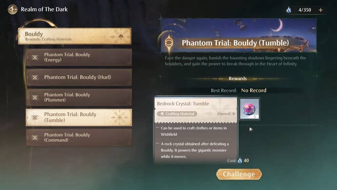 The Realm Of The Dark screen in Infinity Nikki, with the Bouldy Tumble challenge selected.