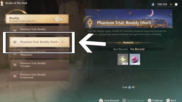 infinity nikki realm of the dark phantom trial bouldy hurl option