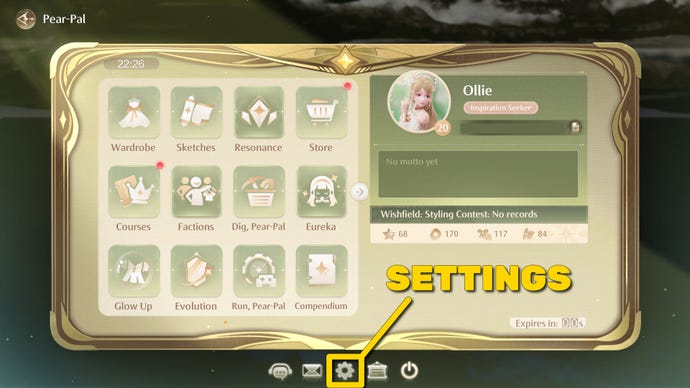 The Pear-Pal menu screen in Infinity Nikki, with the settings icon at the bottom of the screen marked in yellow.