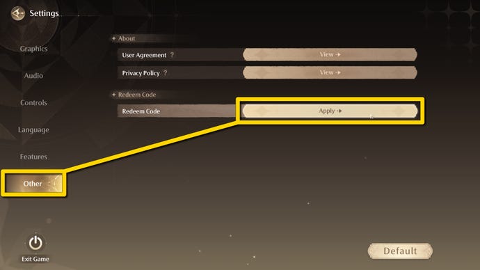 Settings screen in Infinity Nikki z
