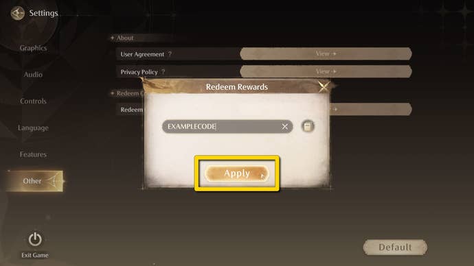 The redeem code screen in Infinity Nikki, with the Apply button marked in yellow.