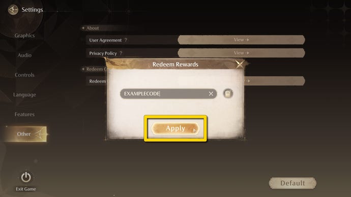 Code redemption screen in Infinity Nikki with the Apply button highlighted in yellow.