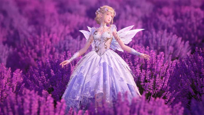 The protagonist in Infinity Nikki standing in a purple flower field.