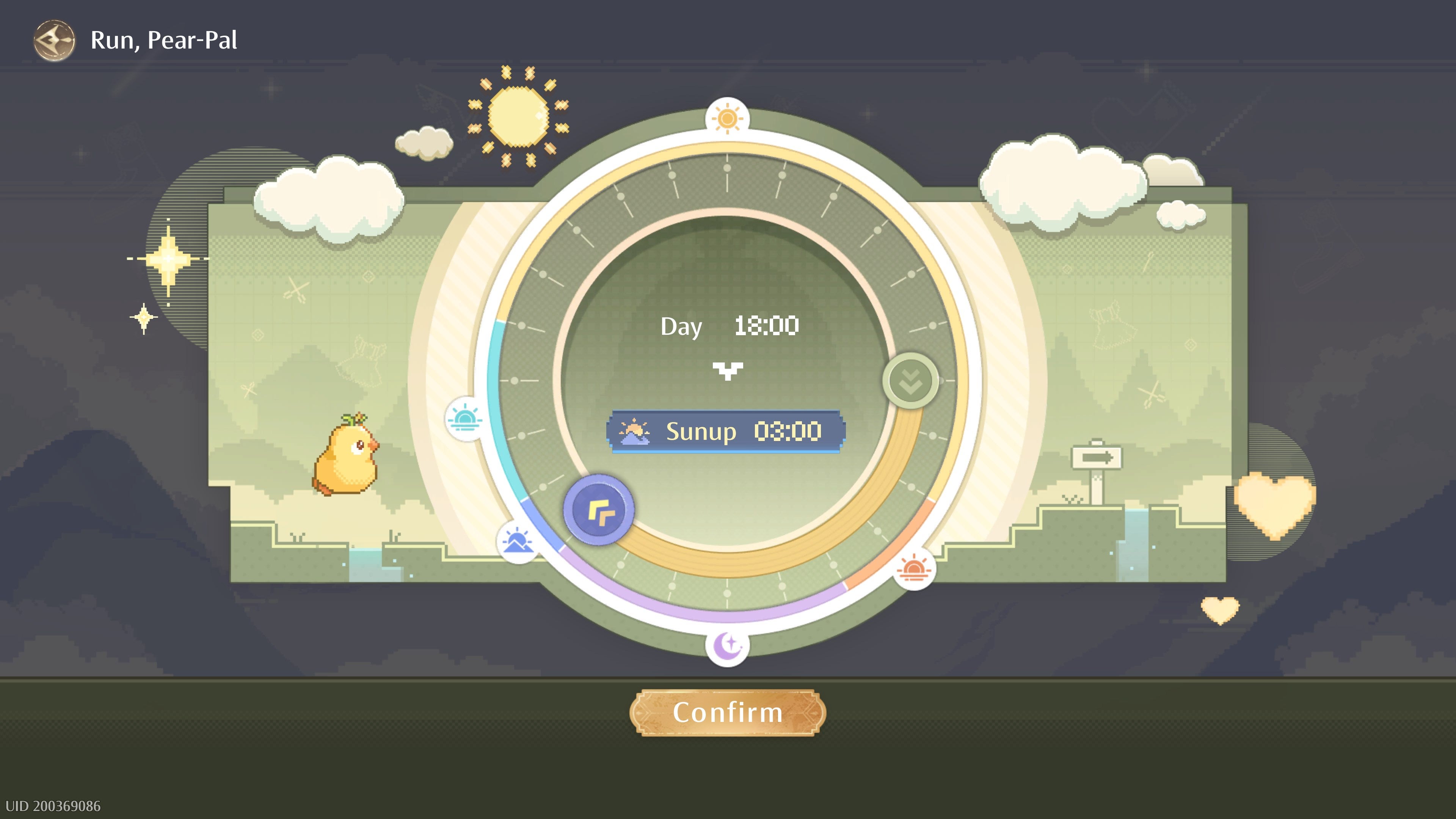 The Run, Pear-Pal! screen in Infinity Nikki, which allows the player to change the time of day by dragging the radial scroll button.
