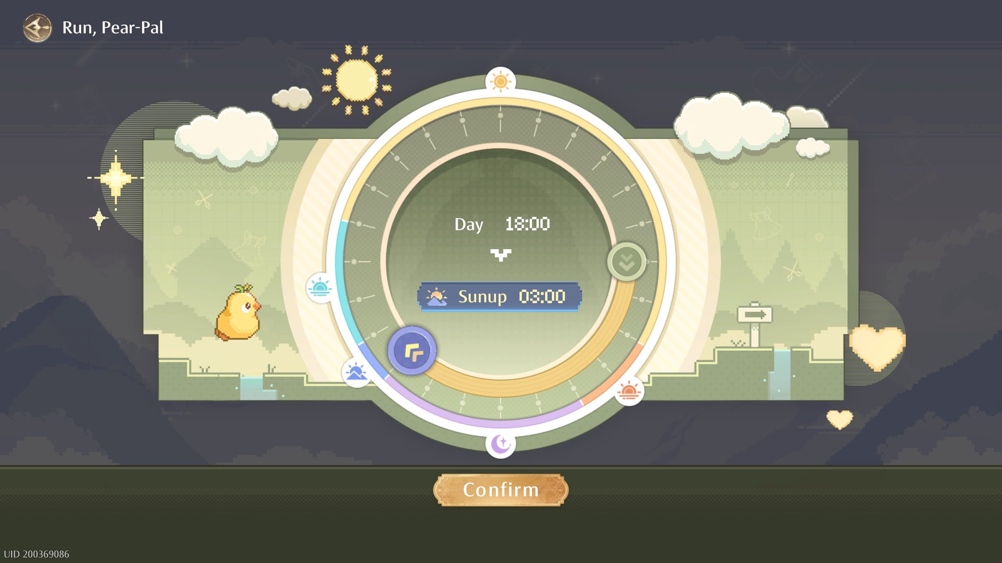 The Run, Pear-Pal! screen in Infinity Nikki, which allows the player to change the time of day by dragging the radial scroll button. - 3