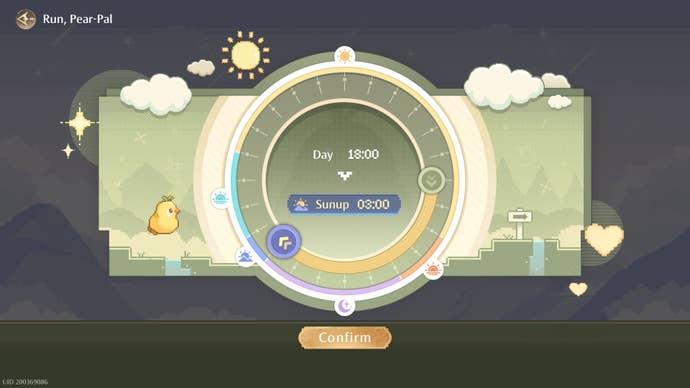 The Run, Pear-Pal! screen in Infinity Nikki, which allows the player to change the time of day by dragging the radial scroll button.