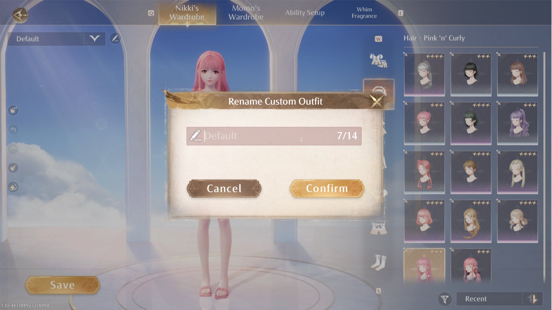 Infinity Nikki pop-up menu to change a custom outfit name. - 5