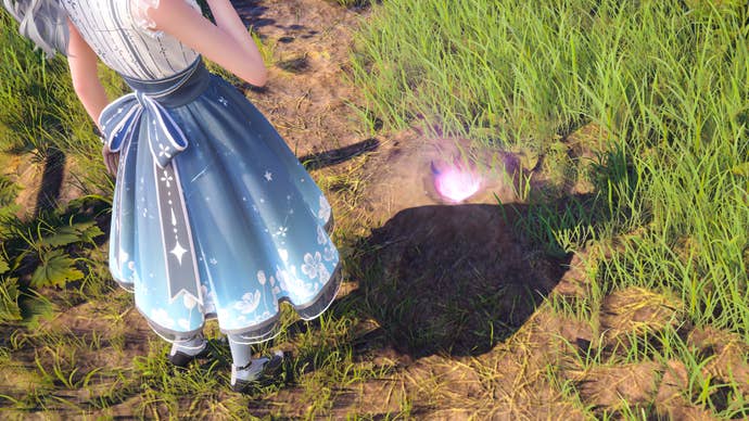 Nikki in Infinity Nikki stands next to a glowing hole in the ground where a Scarfworm Whimstar is hiding.