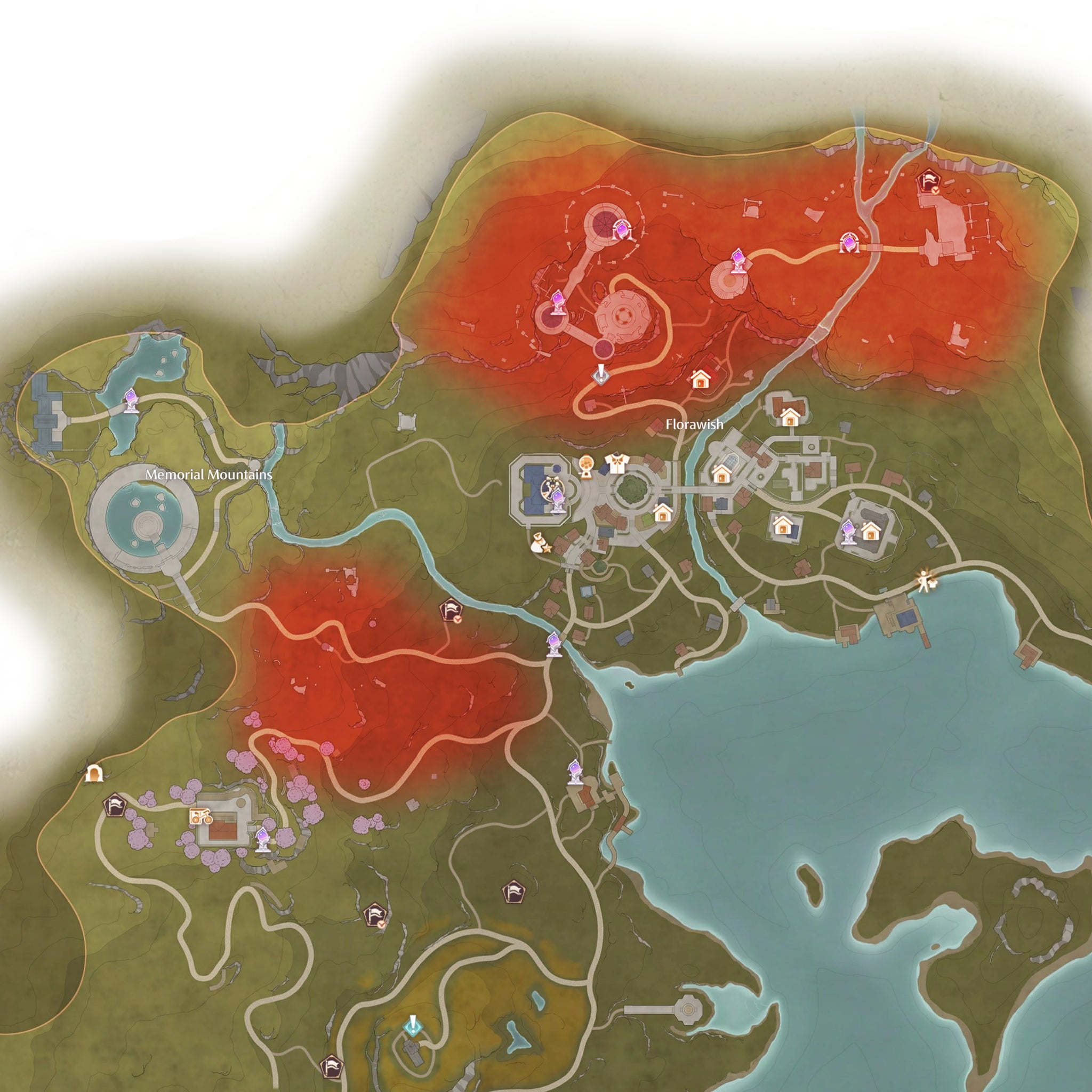 Part of the map of Florawish and Breezy Meadow in Infinity Nikki, with certain locations that tend to spawn Spear Sack enemies highlighted in red. - 4